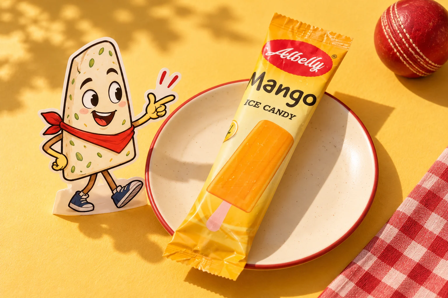 Albu beside a Mango Ice Candy pack, cream plate and cricket ball