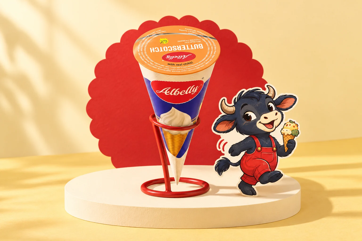 Bela beside a sealed Butterscotch cone pack in a red holder
