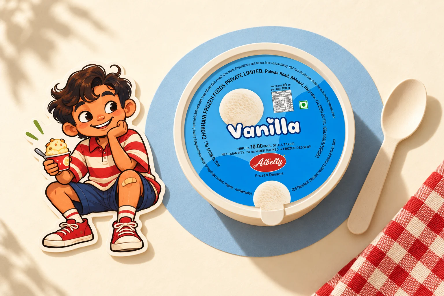 Mithu beside the blue lid of a sealed Albelly Vanilla cup