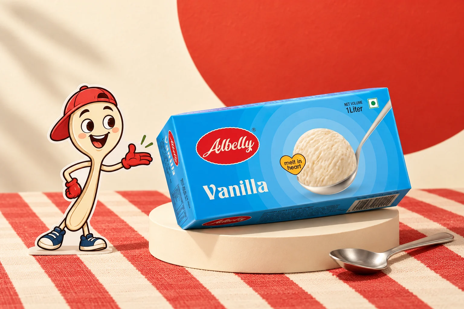 Spoony presents an Albelly Vanilla brick carton on a red-and-cream picnic tabletop