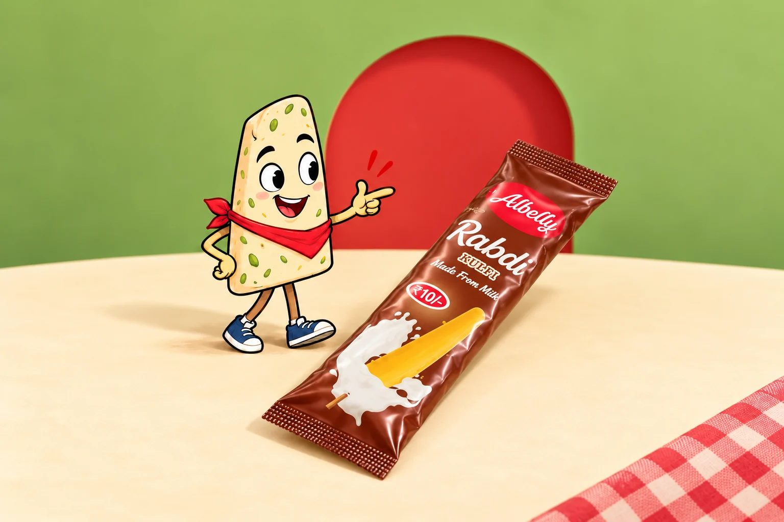 Albu beside a narrow brown Rabdi Kulfi wrapper with crimped seals and natural film creases